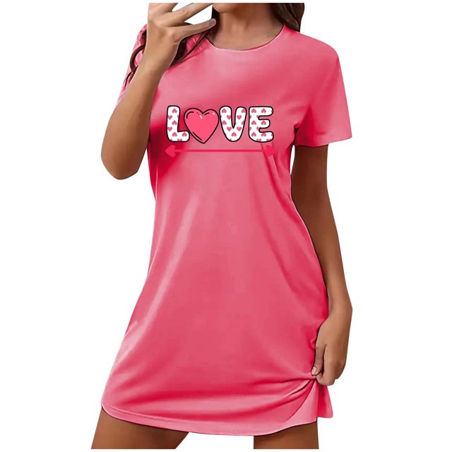 Jupe de Pyjama pour Mariée Robes de Nuit pour Femmes Imprimé Cœur Robe de Nuit Manches Courtes Col Rond Chemise de Nuit Confort Robe de Pyjama Tenue de Nuit T-Shirt Tenue d'Intérieur Robe de Maison m