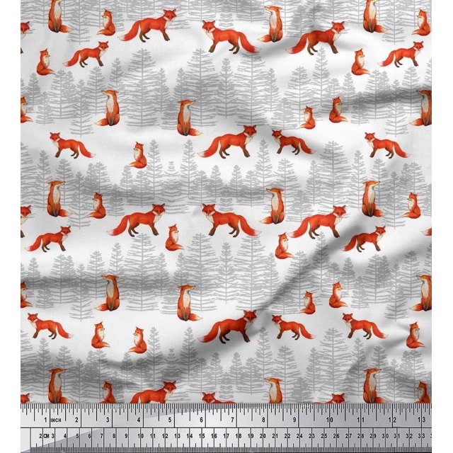 Soimoi White polyester Crepe Fabric Cedar Tree & Fox Animal Print Sewing Fabric Yard 42 Inch Wide