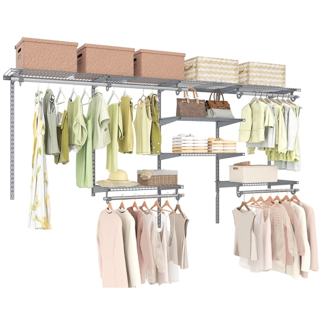Gymax Système d'Organisateur de Garde-Robe en Fil Métallique, Étagères de Rangement Murales Réglables, Manteaux, Gris