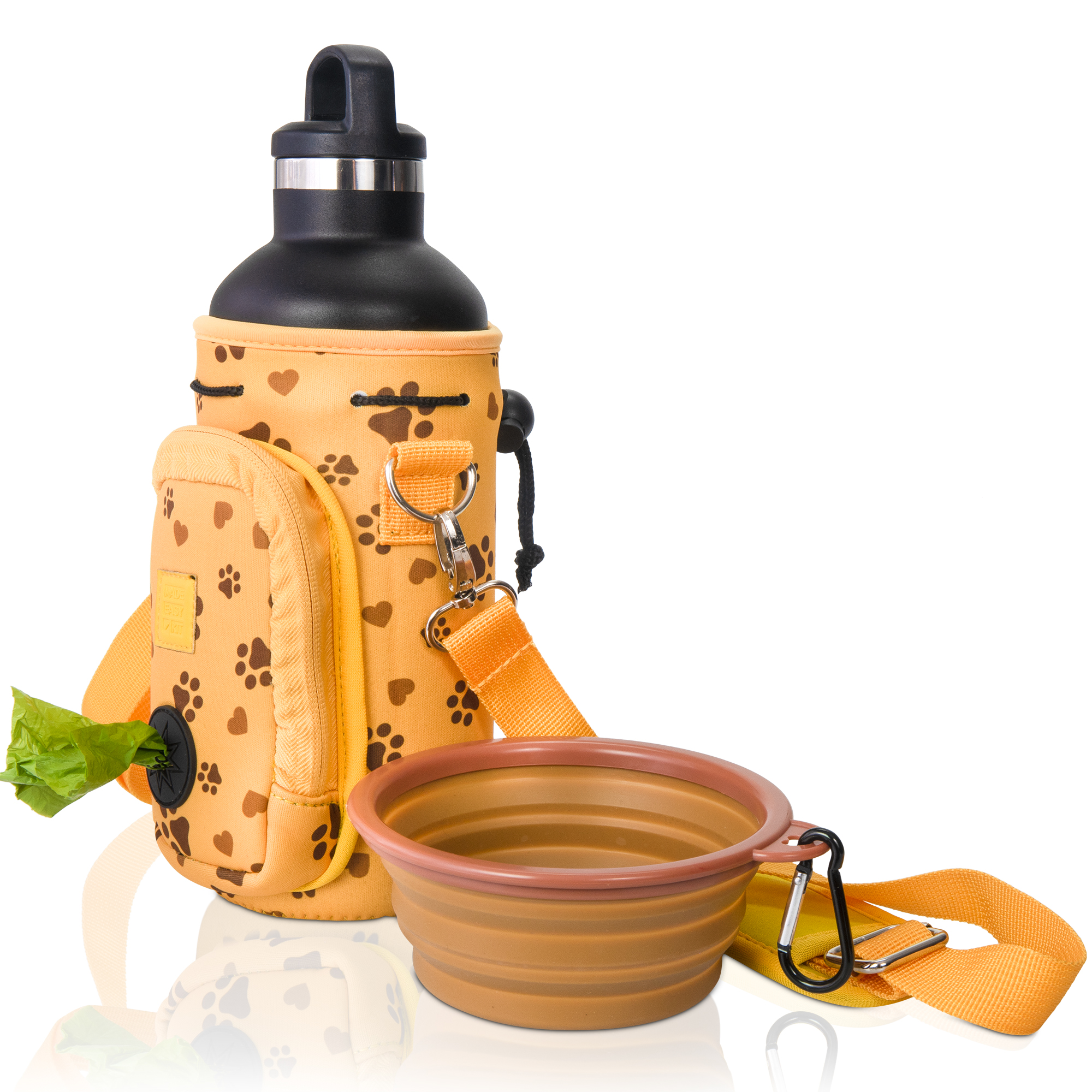 Made Easy Kit Water Bottle Carrier with Pocket for Dog Poop Waste Bags and Adjustable Padded Shoulder Strap