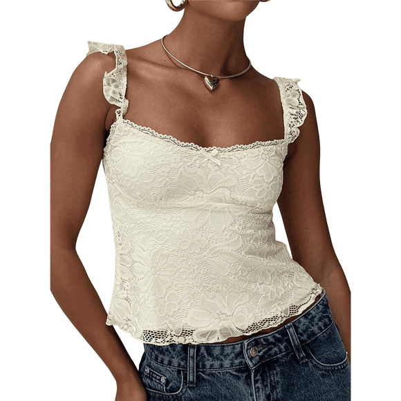 Women Lace Babydoll Tank Top Cap Sleeve See Throught Y2k Summer Going Out Crop Tops M