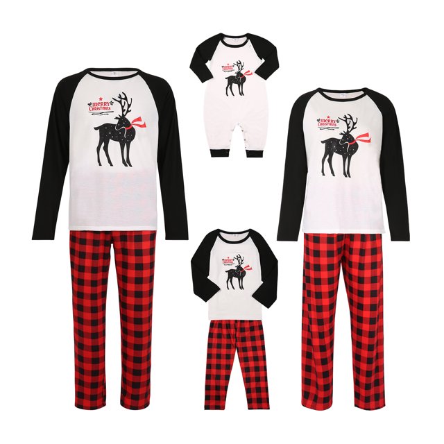 FOCUSNORM Christmas Reindeer Raglan Tops and Plaid Trousers Parent-child Pajamas
