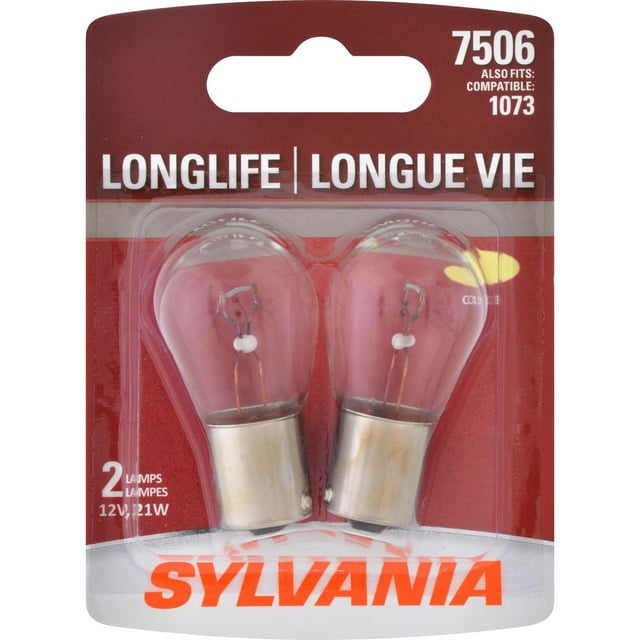 SYLVANIA 7506 Long Life Mini Bulbs front-facing view of two clear miniature automotive replacement bulbs with visible filament and metal base; OE-quality long-life bulbs rated for on road use, replace in pairs, often used for instrument panel, marker or indicator lighting.