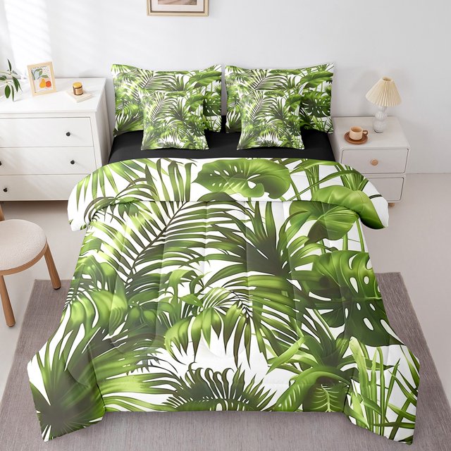 YST Tropical Jungle Bedding Set, 7-Piece, Palm Tree Printed Comforter Set, White and Green, Twin Size