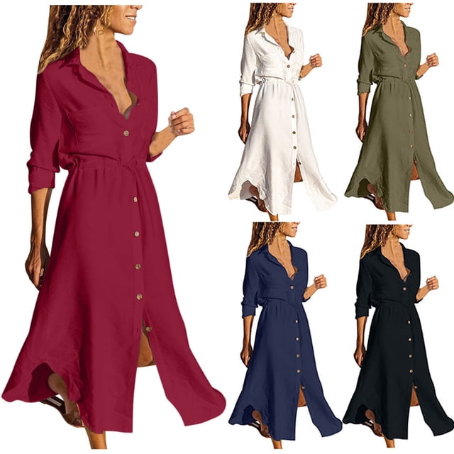 Gspmoly Robe d'Été, Robe Chemise à Revers Boutonnée Unie avec Cordon, Robe en Coton et Lin, Robes de Soirée pour Femmes Offres Prime