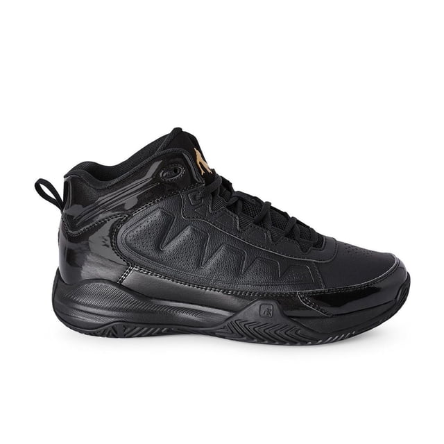 MEN'S AND1 BASKETBALL SHOE in black with faux leather upper and synthetic rubber outsole, featuring a high-top design, round toe, lace-up closure, padded collar, thick sole, and pull loop for easy on and off, shown in side profile on white background, suitable for basketball court use and men's sneakers.