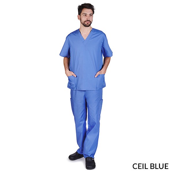 M&M SCRUBS Men's Scrub Set Medical Scrub Top and Pants in ceil blue. The set includes a V-neck top with two lower pockets and one chest pocket, paired with pants featuring a back elastic waistband, front drawstring, and cargo pockets. Made of 65% polyester and 35% cotton for durability and comfort.