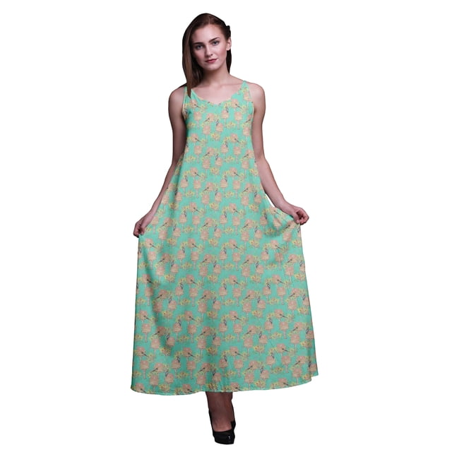 Bimba Robe Longue pour Femmes en Rayonne à Imprimé d'Oiseaux Chic Bohème d'Été Maxi de Plage - Moyen