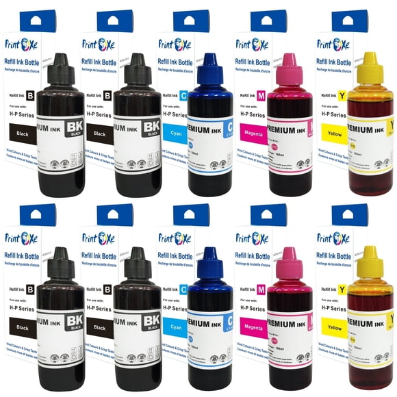 Universal Ink Refill 10 Bottles 370 of 2 Sets + 2 Black for Desktop CISS & Cartridges (Refill Kit Not Included) Canon & HP Models 61 60 62 63 64 65 950 951 564 920 901 902 952 XL a