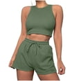 thumbnail image 1 of ShomPort Womens 2PC Matching Set Sleeveless Round Collar Crop Tops High Elastic Waisted Drawstring Shorts Comfort Athletic Outfits, 1 of 6