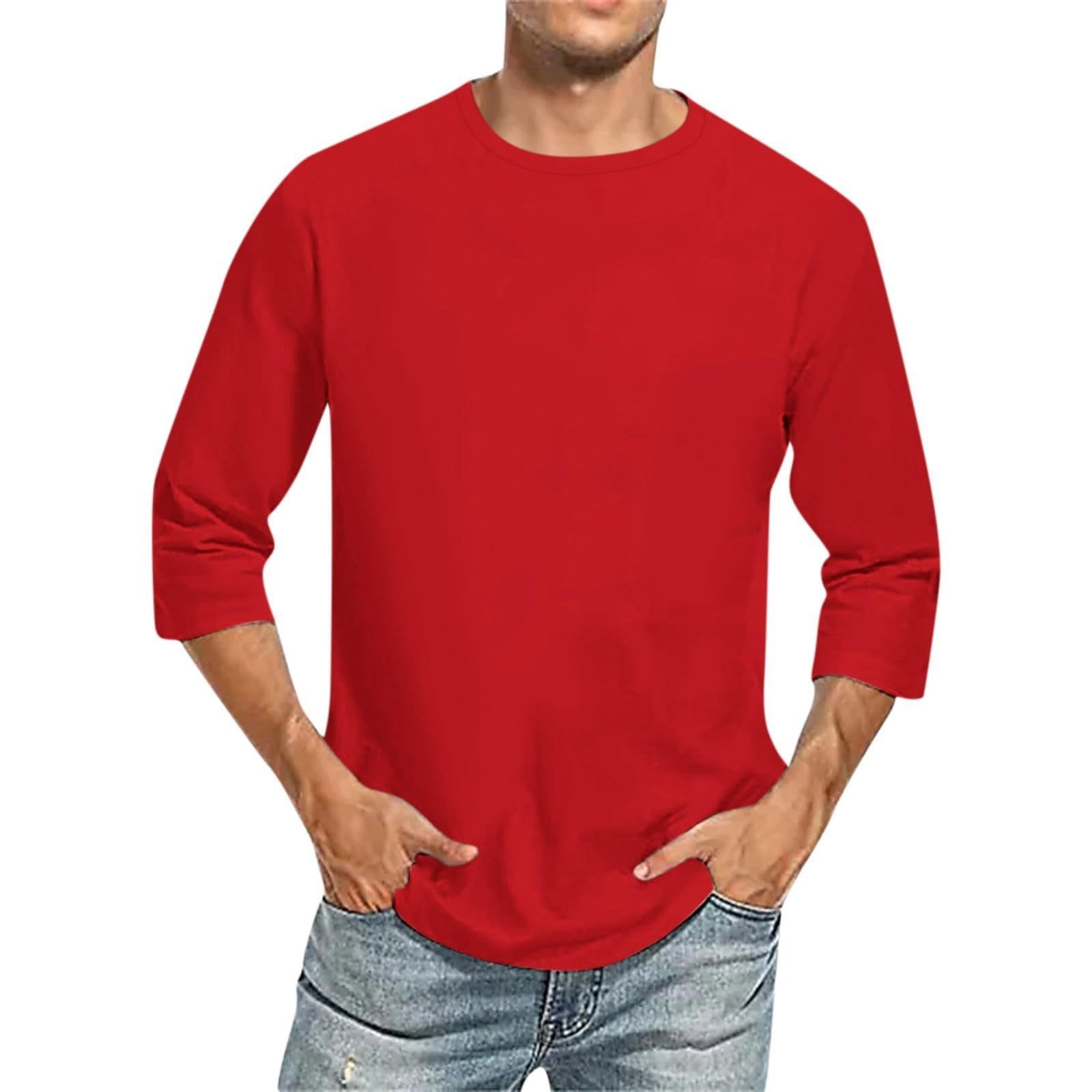 Hiiyo T-Shirt pour Homme Grande Taille Confortable Uni à Manches 3/4, Rouge