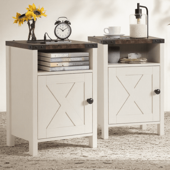 VEANERWOOD Nightstands Set of 2, Farmhouse End Tables with Charging Station, Bedside Tables, White