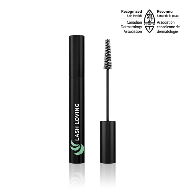 Marcelle Lash Loving Mascara with black cylindrical tube and coned-shaped brush, featuring a 92% natural, vegan formula enriched with jojoba oil to lengthen and lift lashes, recognized by the Canadian Dermatology Association for sensitive eyes and contact lens wearers.