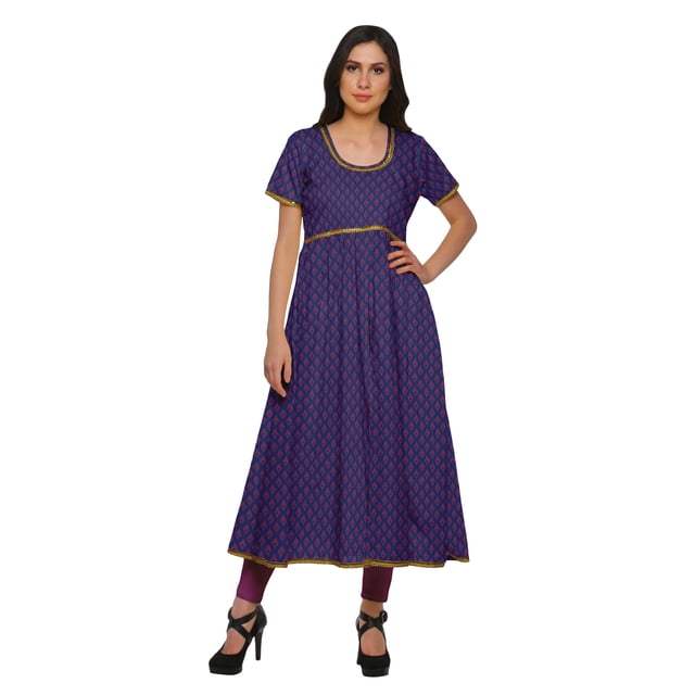 Moomaya Long Cotton Printed Short Sleeve Front Slit Tunic Dresses For Women