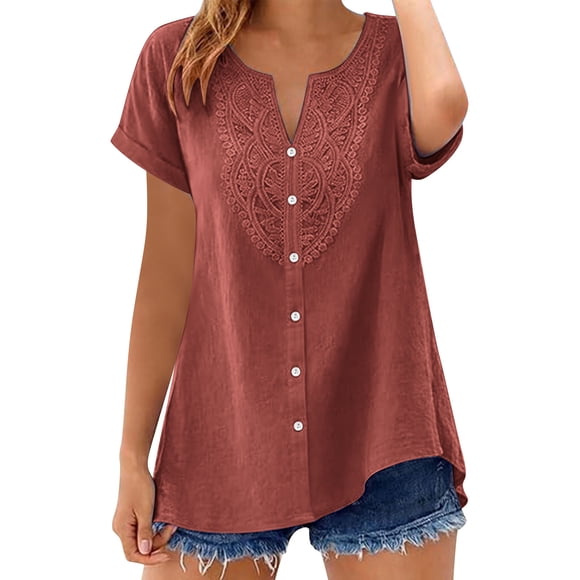 Wensltd V Neck Cotton Linen Blouses Women Solid Color Short Sleeve Lace Patchwork Tops Red