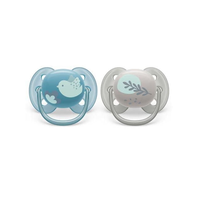 Philips Avent Ultra Soft Pacifier 6-18m 2 pack with blue dove and silver leaf designs, soft silicone nipples, flexible shields to reduce skin irritation, and microwave sterilizer/carrying cases for hygienic storage and transport.