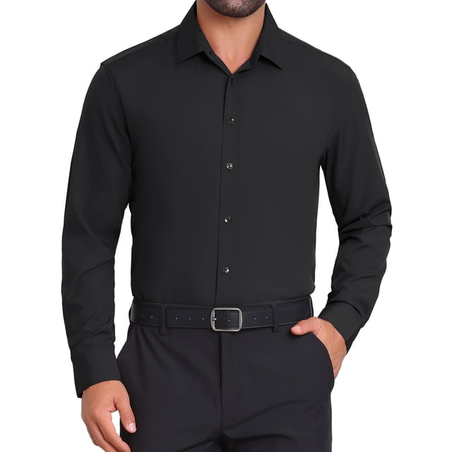 INSPIRE CHIC Chemise Habillée pour Homme à Couleur Unie, Boutonnée, Manches Longues, Extensible, Taille Grand, Noir. Cette Chemise Habillée pour Homme Présente un design Ajusté avec Poignets standard Boutonnés, Fermeture Lisse à Boutons et Col Tridimensionnel. L'Ourlet à Découpe en Arc Est Facile à Rentrer dans le Pantalon, Ce Qui la Rend Adaptée aux Tenues d'Affaires Ou aux occasions Décontractées. Fabriquée en Tissu Doux, Lavable à la Machine.