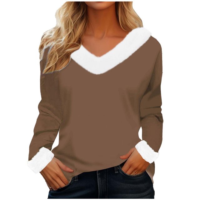 Timegard Hauts pour Femmes Noël Col en V Confortable Blouse à Manches Longues Automne Hiver Mode Décontractée Couleur Unie