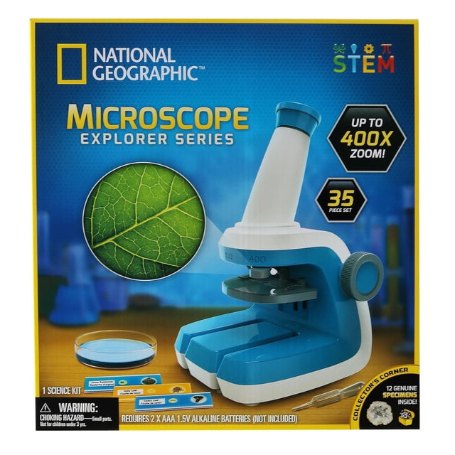 National Geographic Microscope Kit featuring a blue and white beginner microscope with up to 400x magnification, fixed eyepiece, and adjustable slide platform, shown with prepared slides, petri dish, and dropper, designed for STEM science exploration with 12 genuine specimens included.