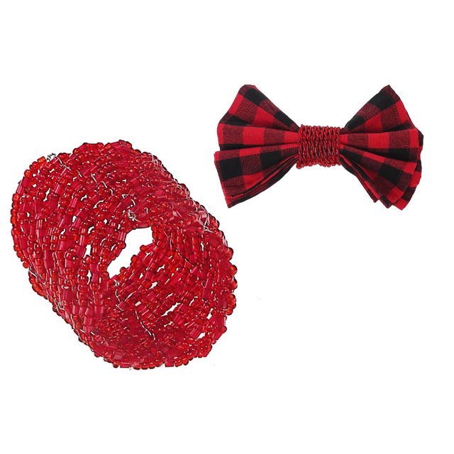 Christmas Beaded Napkin Ring Red - Set of 8 with circular red glass beads strung on wire forming a napkin ring, shown with a red and black buffalo plaid fabric bow, suitable for festive dining table linens and decor.