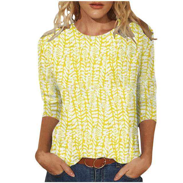 HKEJIAOI 3/4 Chemises Manches pour Femmes Col Rond Imprimé Floral Blouse d'Été M