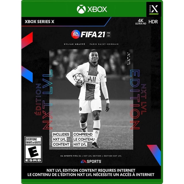 FIFA 21 Édition NEXT LEVEL (Xbox Series X) Couverture Mettant en Vedette un Joueur de soccer dans un Ensemble Blanc et Rouge Paris Saint-Germain Tenant un Ballon de soccer sur un Terrain, avec Image de Marque Xbox Series X, logos 4K Ultra HD et HDR, et Texte Bilingue Indiquant Que le Contenu de l'Édition NXT LVL Nécessite un Accès à internet.