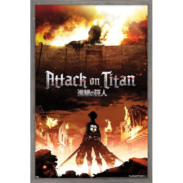 Attack on Titan - Fire Wall Poster, 22.375" x 34" depicting a silhouetted anime character with dual swords standing in a burning village ruin, facing a colossal Titan looming over a stone wall with flames and smoke, printed on glossy paper for vivid colour and ideal for home wall décor.