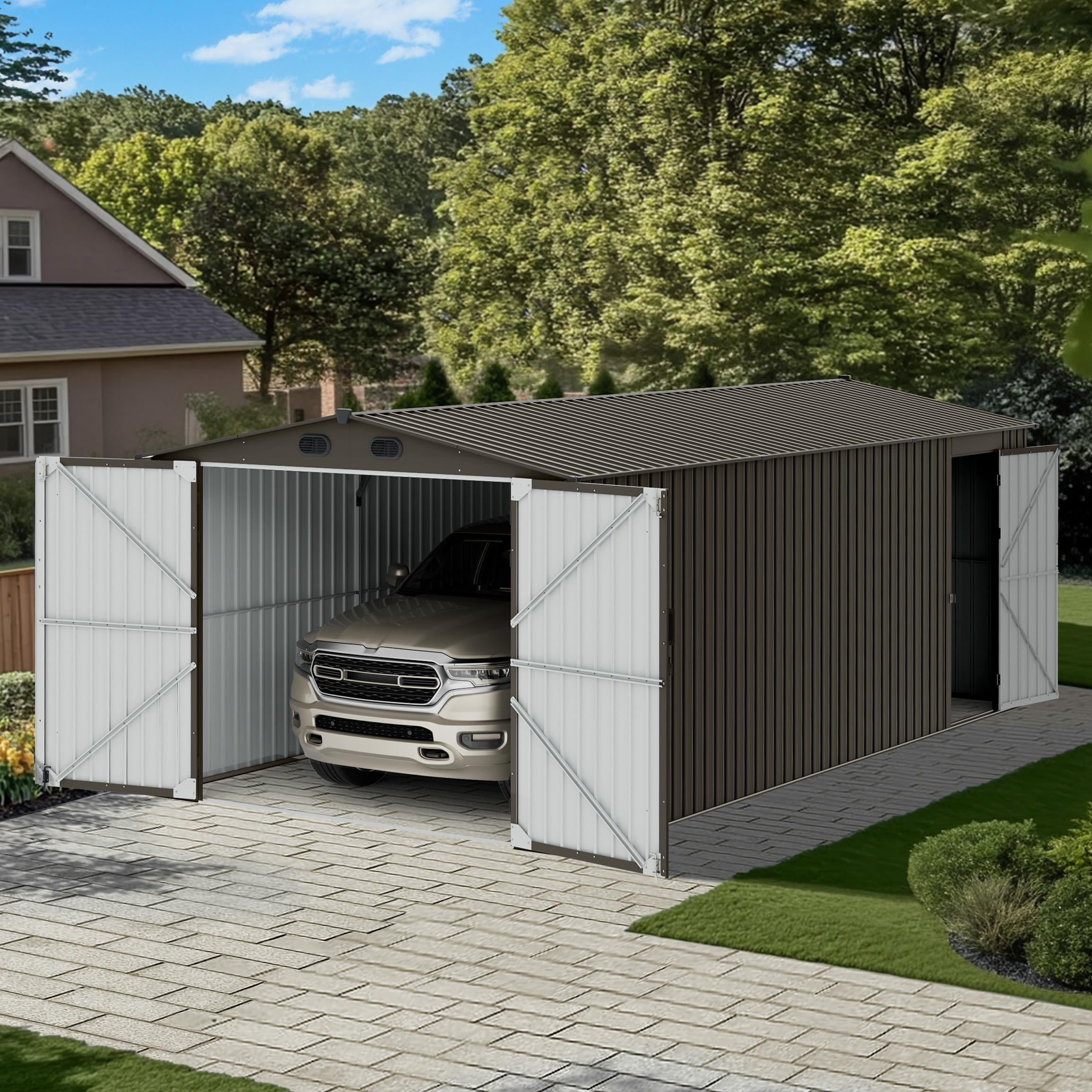 Sunjoy 13 ft. x 20 ft. Outdoor Storage Shed, Carport, Light Grey