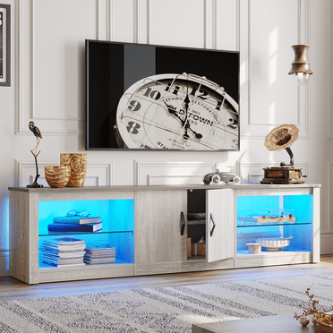 Bestier Meuble Télé Moderne à DEL de 70 Pouces pour Téléviseurs jusqu'à 75 Pouces, Armoire Télé pour Salon, Blanc Lavé