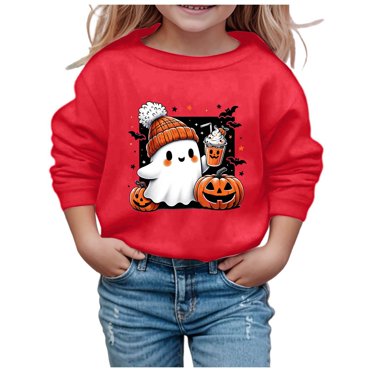 MIASHUI Trendy Girls Hoodies & Sweatshirts for Kids Stylish Crew Neck Long Sleeve Pullover Featuring Halloween Prints Ideal for Casual Wear and Active Play Red,11-12 Years