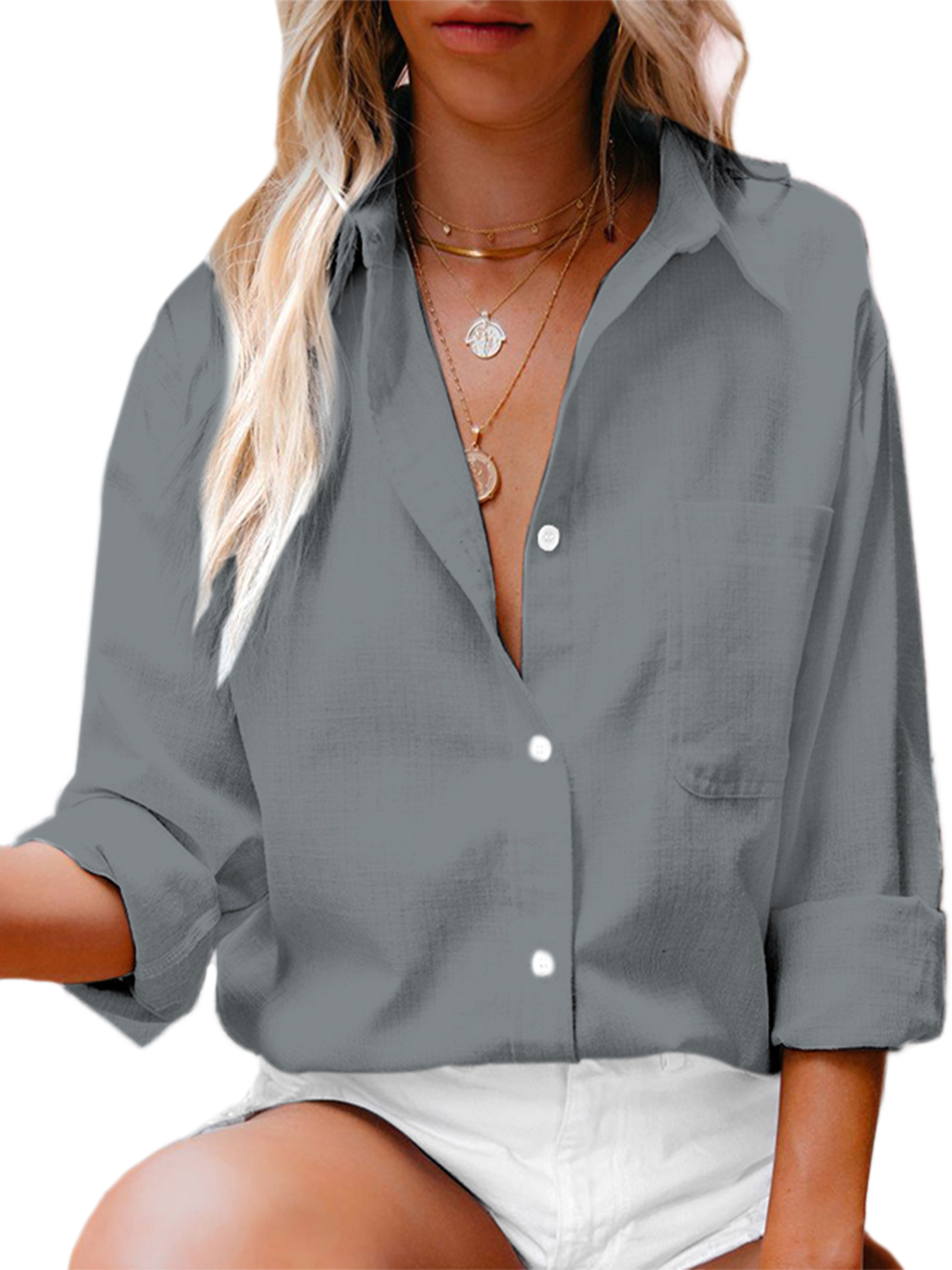 Sexy Dance Chemises pour Femmes Blouse à Manches Longues Hauts Boutonnés Tunique Décontractée Chemise Col à Revers Gris 3TG