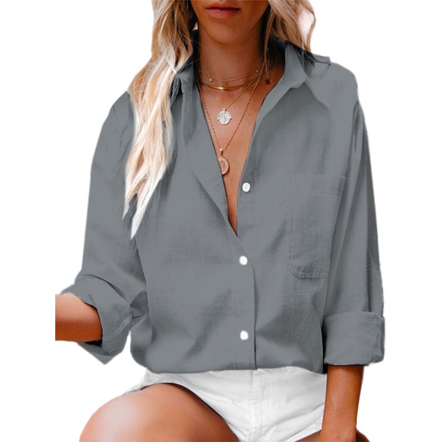 Sexy Dance Chemises pour Femmes Blouse à Manches Longues Hauts Boutonnés Tunique Décontractée Chemise Col à Revers Gris 3TG