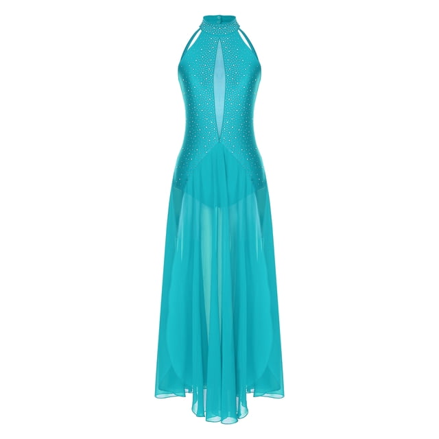 YiZYiF Robe de Performance de Danse Lyrique Longue pour Femmes, Dos Croisé Fendu, Danse de Salon Moderne, Bleu Vert, P