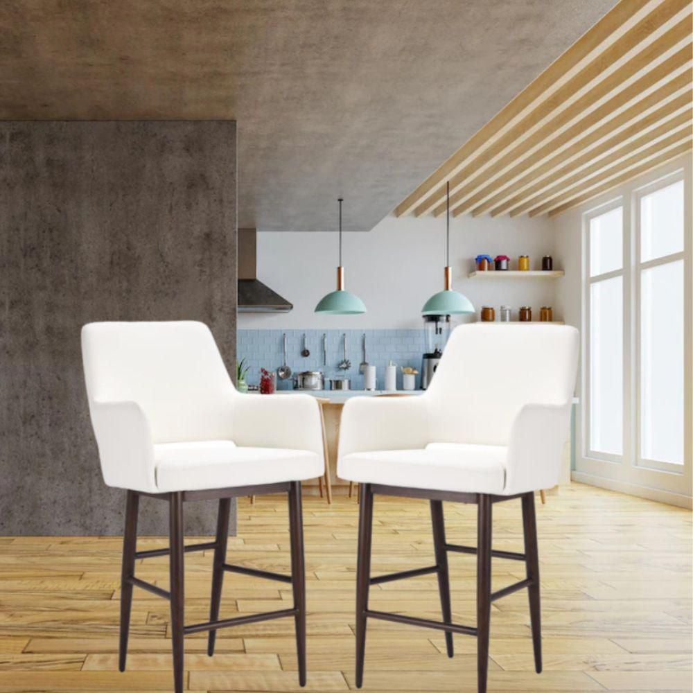 PU Upholstery Stool Black pu whit Walnut Metal Frame – High Back Stool with Armrests, Foot Rest, Sturdy and Comfortable Seating for Bars, Kitchens, and Contemporary Spaces,Midcentury style