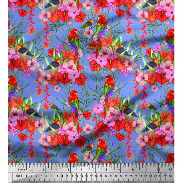 Soimoi Blue Polyester Crepe Fabric Laceleaf & Macaw Parrot Bird Decor Fabric Printed BTY 42 Inch Wide