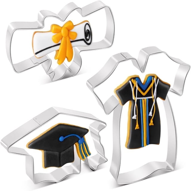 Oleegame 1PC Cookie Mold Graduation Cookie Cutters Set Stainless Steel Graducation Cap Cookie Cutter Diploma Graduation Gown Dress Cookie Cutter For Graduation Celebration Party Silver