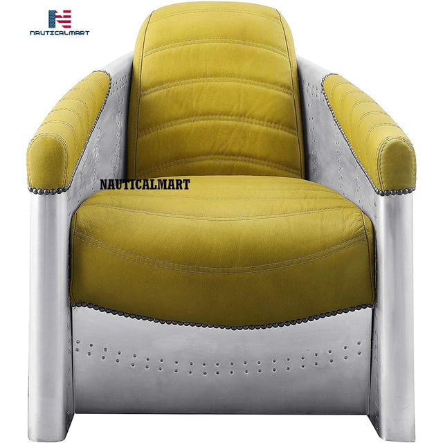 Furniture Brancaster Fauteuil d'Appoint, Cuir Pleine Fleur Jaune et Aluminium