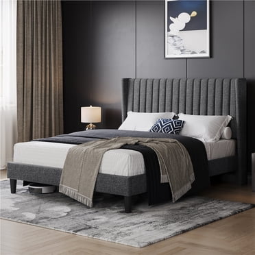 FullFurnique Upholstered Bed Frame with Wing Side and Channel Headboard, Queen, Dark Gray