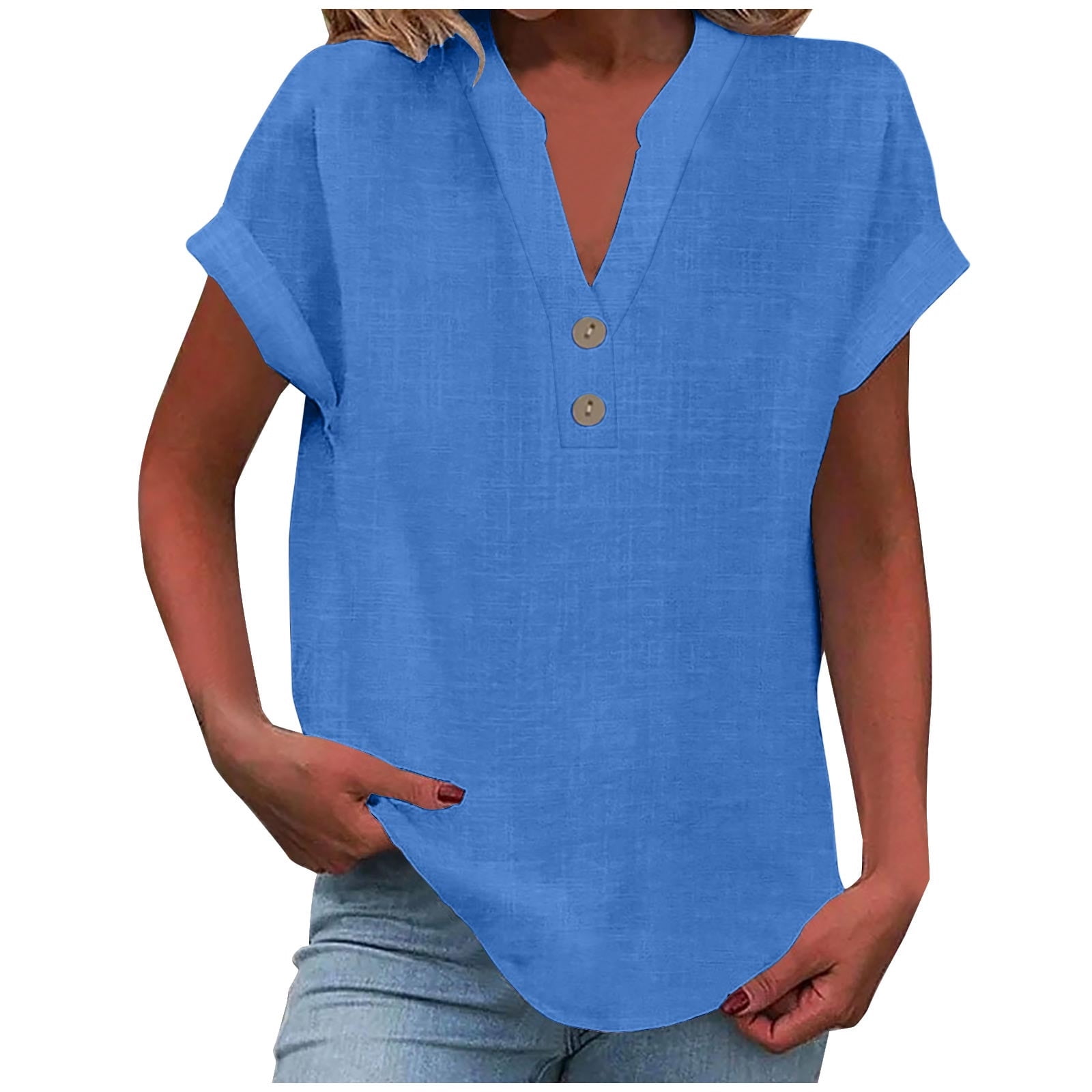 Timegard Plus Size Tops for Women Cotton Linen V-Neck Button Short Sleeve Tee Casual Loose Shirts Tops