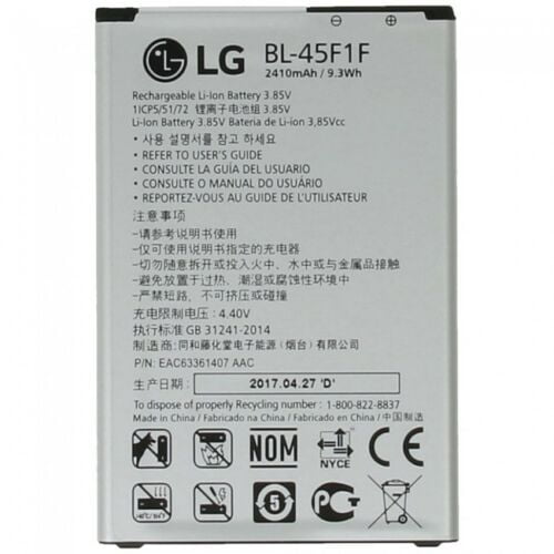 Replacement Battery for LG Phoenix 3 Fortune Risio 2 K4 K8 2017, model BL-45F1F. This lithium-ion battery has a capacity of 2410 mAh and is compatible with LG Optimus K4 and K8 2017 models. The battery features a 3.85V output and includes detailed usage instructions printed on the surface. The Phonesmart brand battery is shown in a close-up view, displaying its specifications and safety certifications.