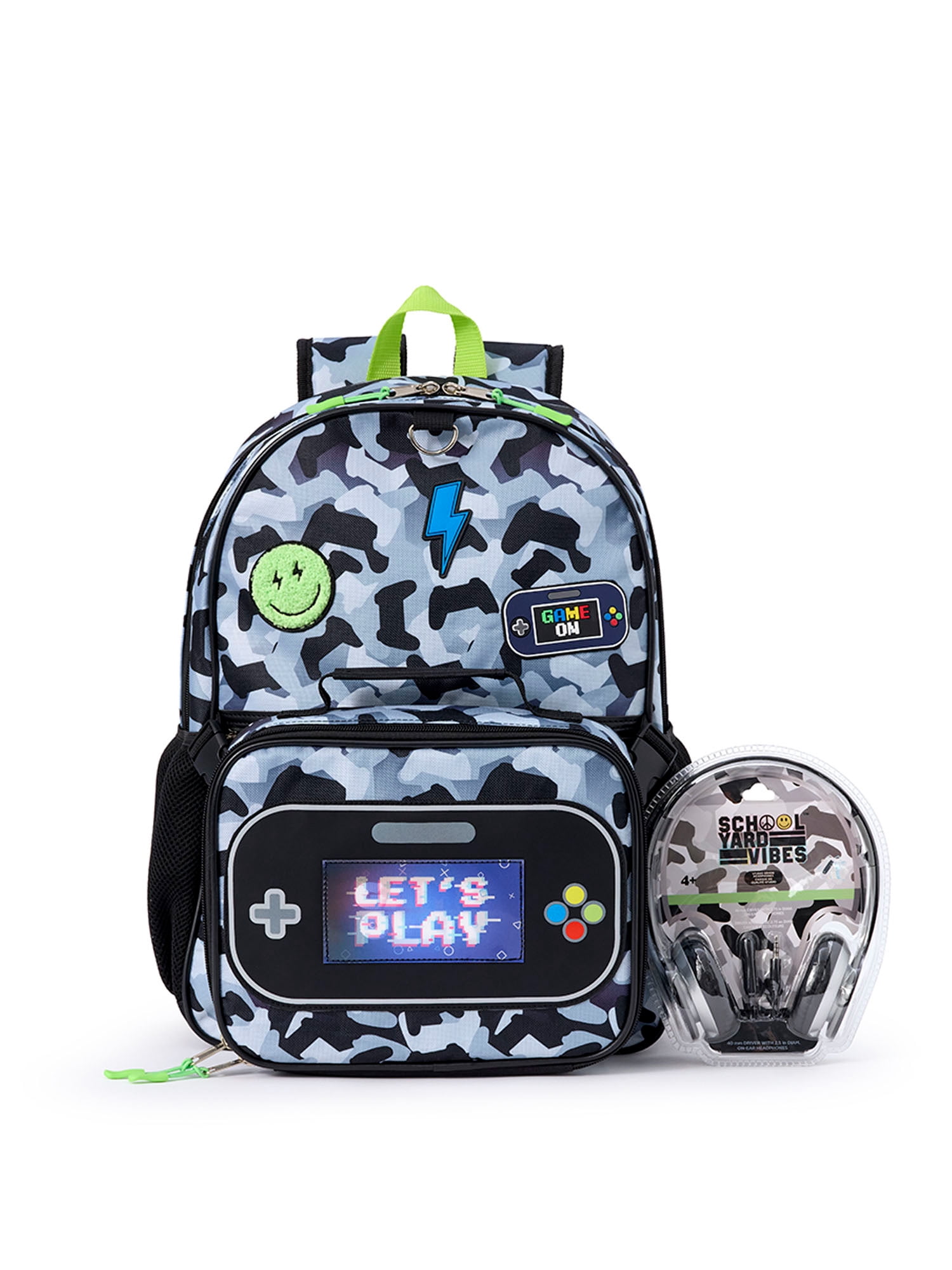 Schoolyard Vibes Camo Gamer 17" 3 Piece Backpack Set with Headphones and Kids Lunch Box, Back to School Supplies