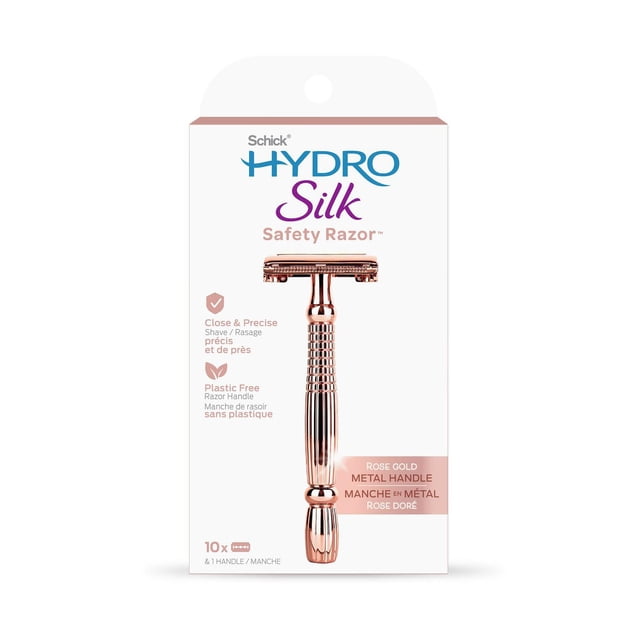 Schick Hydro Silk Rose Gold Safety Razor packaging showing a rose gold metal handle double edge safety razor for women's shaving, highlighting close and precise shave and plastic-free handle features with bilingual English and French text on a white background.
