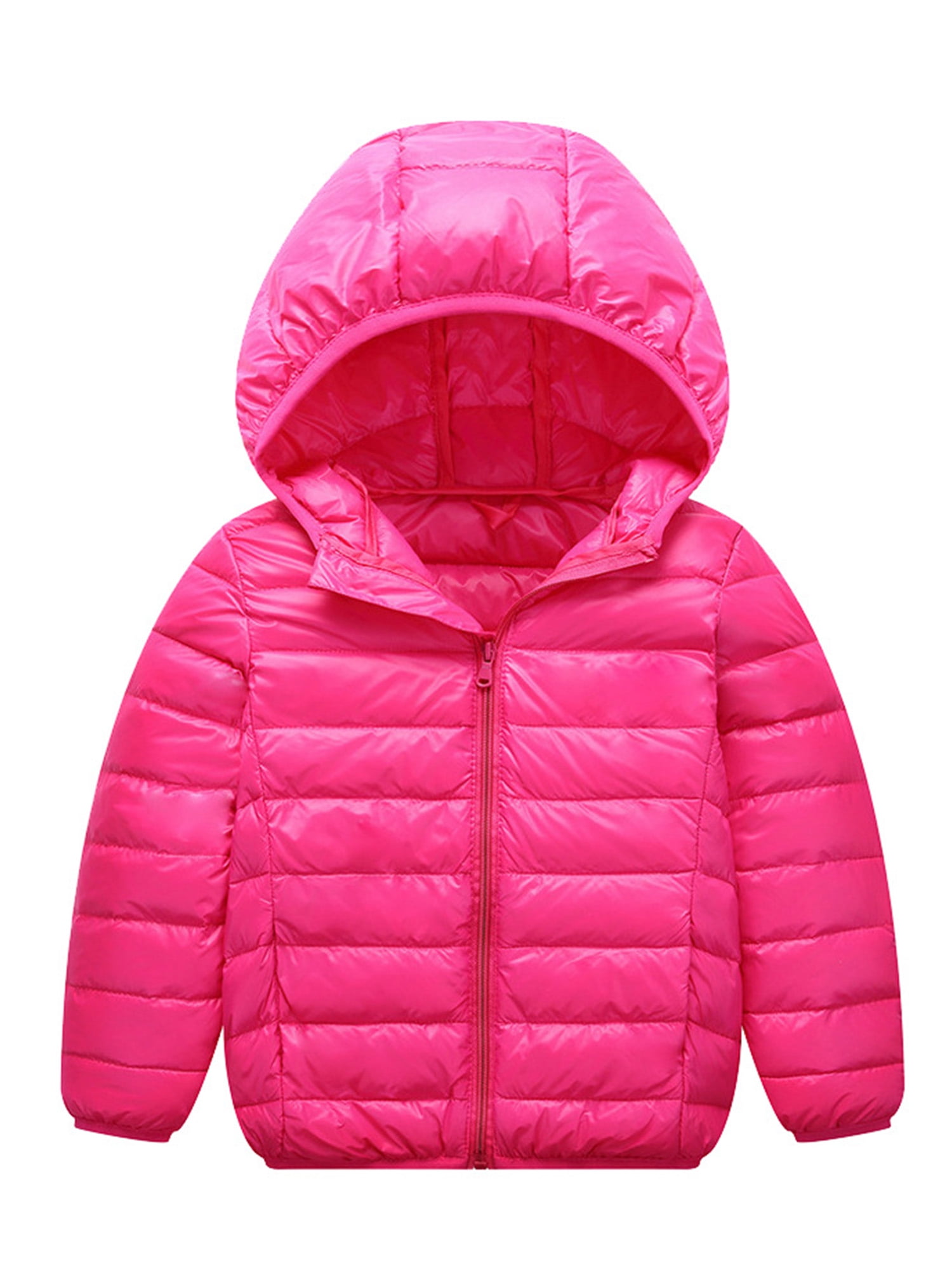 Innerwin Puffer Coat Solid Color Kids Cardigan Outdoor Hooded Neck Warm Down Jackets Rose Red 120cm