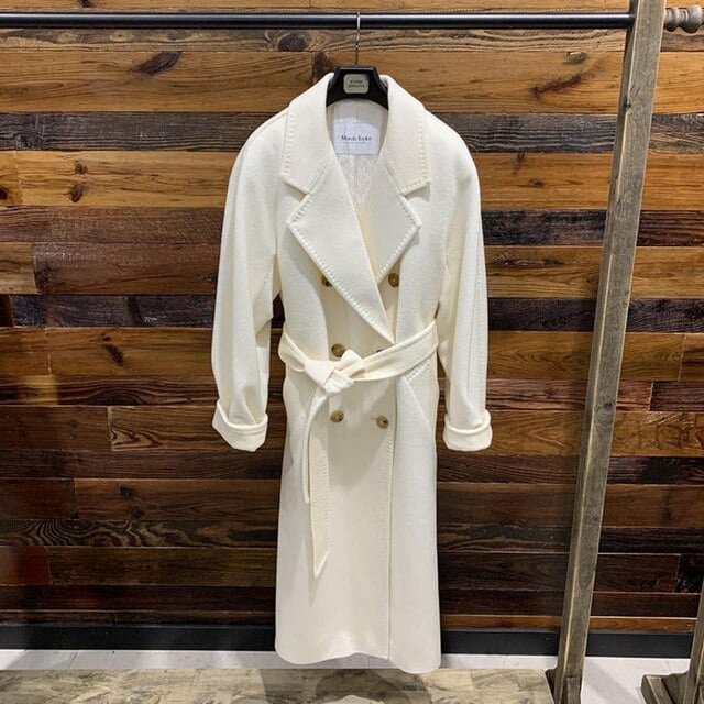 QueenLine Cashmere Long Loose Double breasted Wool Camel Black, Belt Classic Commuter Coat