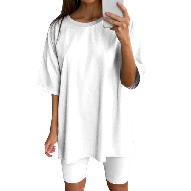 Ketyyh-chn99 Two Piece Short Set Running Shorts Women Lounge Sets Sets Outfits Short Sleeve Basic Shorts Set White,M