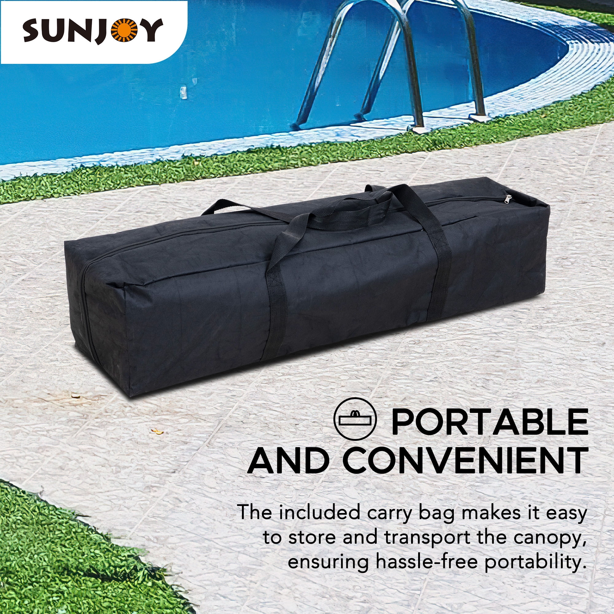Auvent de piscine flottant Sunjoy 10' × 10' Gazebo pop-up en tissu gris, tente flottante à cadre en acier et aluminium avec flotteurs en PVC, pompe à air manuelle et sac de transport