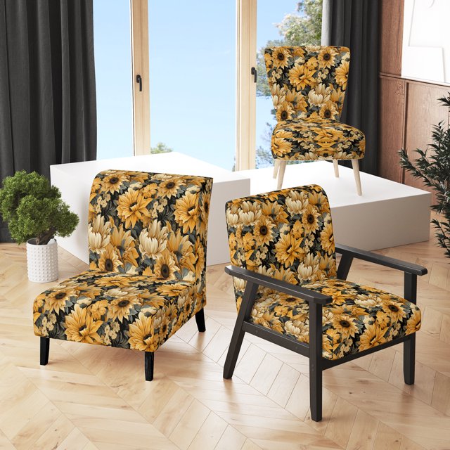 Designart « Sunny Rustic Sunflower Field I » Fauteuil d'Appoint Rembourré Jaune à Motif Floral - Fauteuil de Style Cottage pour Salon