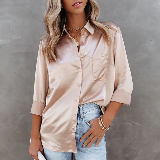 Jsaierl Womens Satin Silk Button Down Shirts Solid Color Lapel Collar Basic Blouses Long Sleeve Work Business Tops with Pockets