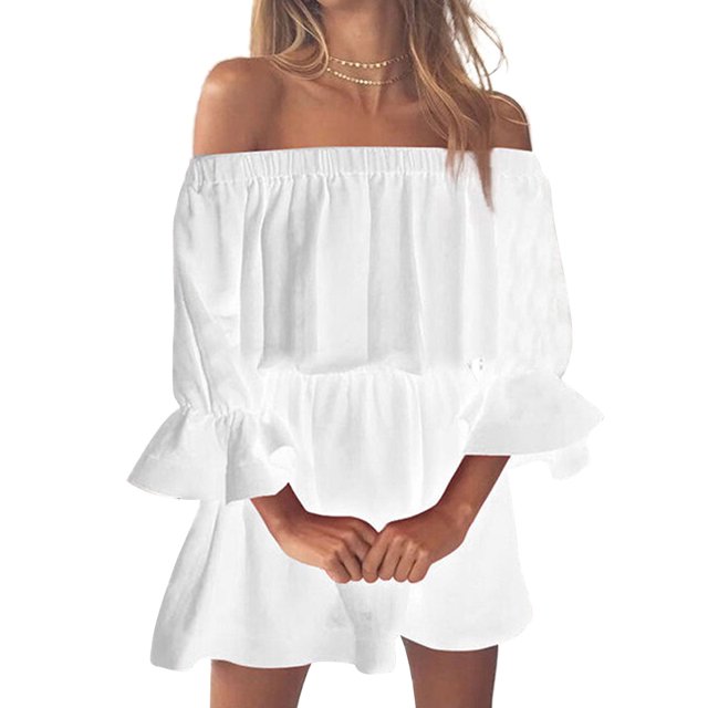 Women Dress Off Shoulder Solid Color 5 3 1 Clothing Ruffled Sleeve Fall Dress, White, S