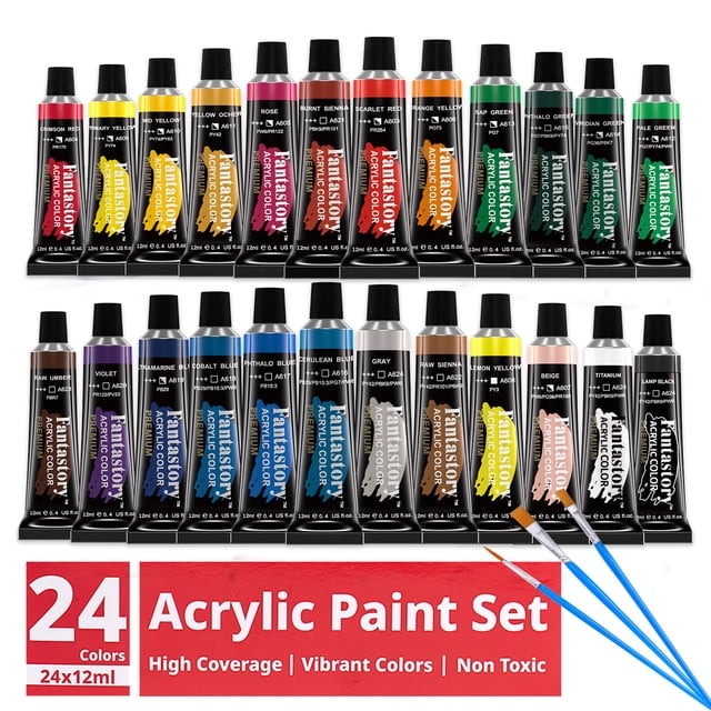 Fantastory 12ML 24 Colors Acrylic Paint Set with 3 Paint Brushes displayed in a front-facing view. The set includes 24 vibrant multicolour aluminum tubes, each containing 12 ml of premium acrylic paint, perfect for art supplies and painting tools. Three paint brushes are included, making it ideal for crafting, professional art, and DIY projects. The packaging highlights high coverage, vibrant colors, and non-toxic composition.